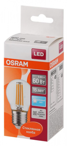 Лампа светодиодная филаментная LED STAR CLASSIC P 60 5W/840 5Вт шар 4000К нейтр. бел. E27 600лм 220-240В прозр. стекл. OSRAM 4058075212541 фото 2