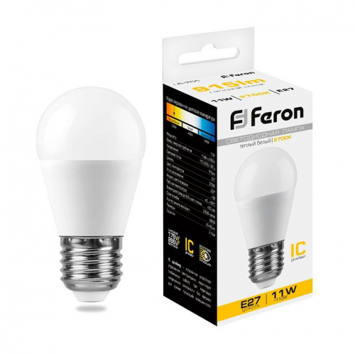 Лампа светодиодная LB-750 11Вт G45 шар 2700К E27 230В FERON 25949
