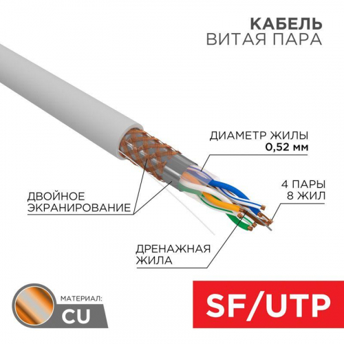 Кабель SFTP 4PR 24AWG, CAT5e (бухта 305 м) | 01-0342 | REXANT фото 3