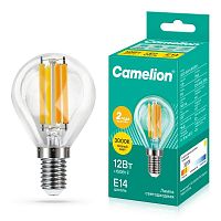 Лампа светодиодная филаментная LED12-G45-FL/830/E14 12Вт шар прозрачная 3000К тепл. бел. E14 220В Camelion 13712