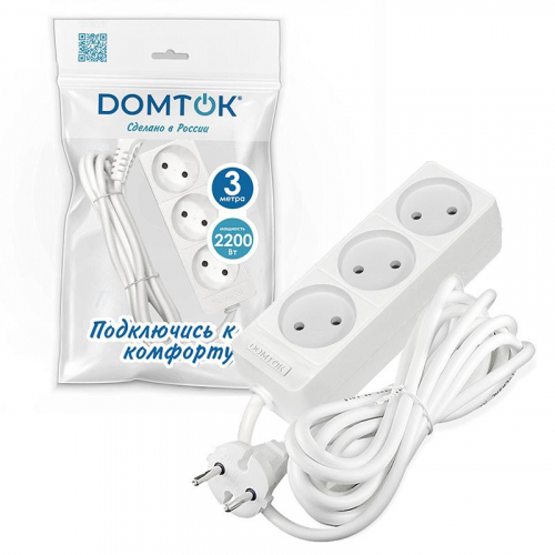 Удлинитель 3х3м без заземл. 10А IP20 2.2кВт ПВС 2х1 бел. DOMTOK 2351 фото 2