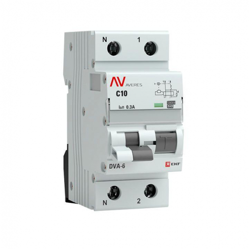 Выключатель автоматический дифференциального тока 2п C 10А 300мА тип A 6кА DVA-6 Averes EKF rcbo6-1pn-10C-300-a-av