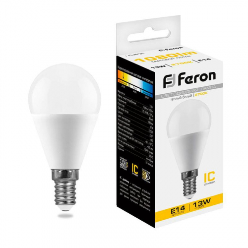 Лампа светодиодная LB-950 13Вт G45 шар 2700К E14 230В FERON 38101