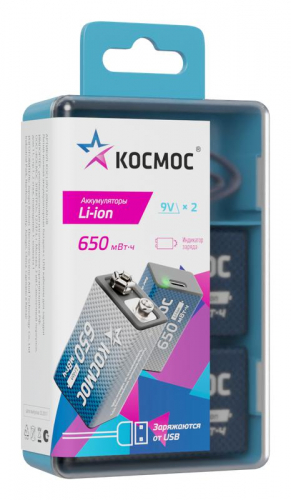 Аккумулятор крона Li-ion 9В 650мВт.ч (уп.2шт) КОСМОС KOCLi9V650mAh2B фото 4