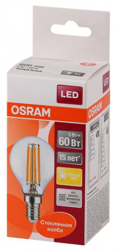 Лампа светодиодная филаментная LED STAR CLASSIC P 60 5W/827 5Вт шар 2700К тепл.бел E14 600лм 220-240В прозр. стекл. OSRAM 4058075212459 фото 2