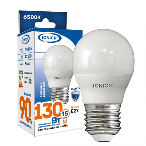 Лампа светодиодная G45 15Вт шар 6500К E27 1350лм 230В IONICH 1636