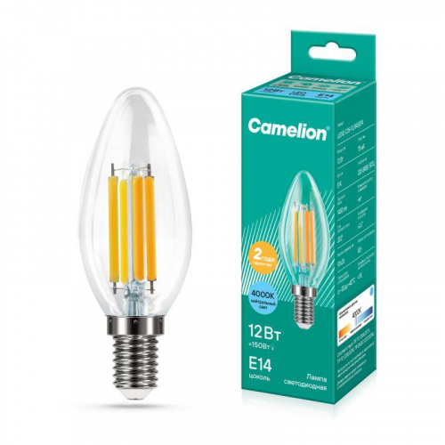 Лампа светодиодная филаментная LED12-C35-FL/845/E14 12Вт свеча прозрачная 4500К бел. E14 220В Camelion 13709