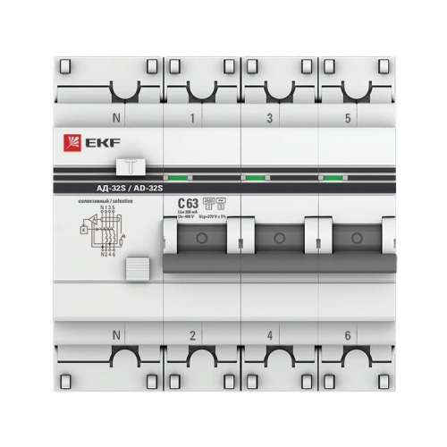 Выключатель автоматический дифференциального тока 3п+N 63А 300мА АД-32 (селективный) PROxima EKF DA32-63-300S-4P-pro фото 2