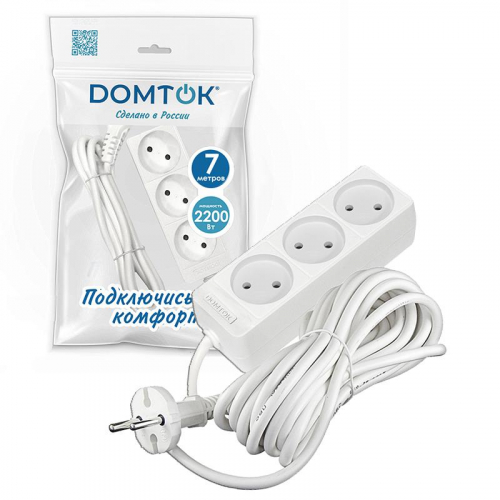 Удлинитель 3х7м без заземл. 10А IP20 2.2кВт ПВС 2х1 бел. DOMTOK 2353 фото 2