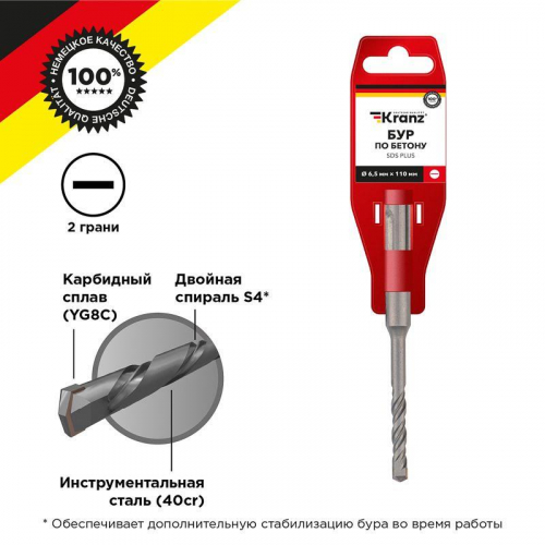Бур по бетону 6.5x110x50мм SDS PLUS Kranz KR-91-0004