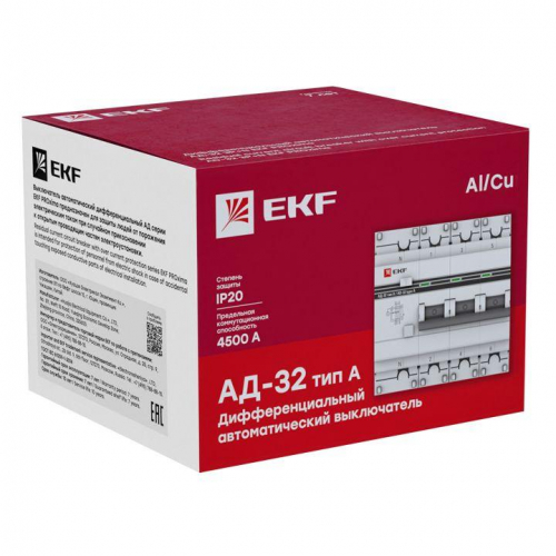 Выключатель автоматический дифференциального тока 3п+N 63А 100мА тип А АД-32 PROxima EKF DA32-63-100-4P-a-pro фото 2