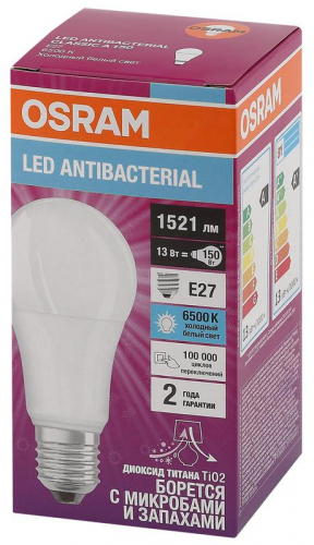 Лампа светодиодная LED Antibacterial A 13Вт (замена 150Вт) матовая 6500К холод. бел. E27 1521лм угол пучка 200град. 220-240В бактерицид. покр. OSRAM 4058075561151 фото 3