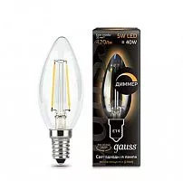 Лампа светодиодная филаментная Filament 5Вт свеча 2700К тепл. бел. 420лм диммир. GAUSS 103801105-D