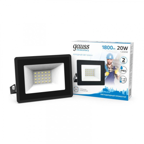 Прожектор светодиодный Elementary 20Вт 6500К IP65 1800лм 200-240В ДО черн. GAUSS 613100320 фото 6