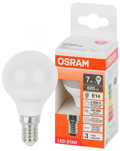 Лампа светодиодная LED Star 7Вт (замена 60Вт) шарообразная 6500К E14 600лм OSRAM 4058075695955