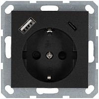 Розетка Shuko 16А с заземл. защ. шторки с 2-мя заряд. устройствами USB тип A+C 25Вт механизм антрацит Jasmart G5501USB-25B