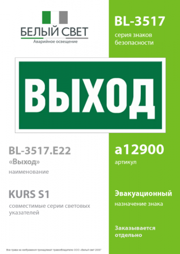 Пластина BL-3517.E22 "Выход" Белый свет a12900 фото 2