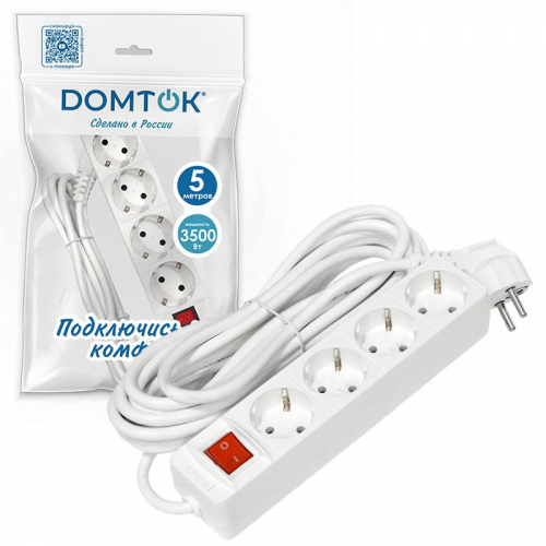 Удлинитель 4х5м с заземл. 16А IP20 3х1 с выкл. бел. DOMTOK 2500 фото 3