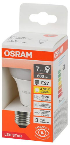 Лампа светодиодная LED Star 7Вт грушевидная 2700К E27 600лм (замена 60Вт) OSRAM 4058075695658 фото 3