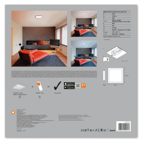 Светильник светодиодный SMART WIFI PLANON PLUS 30X30 TW LEDVANCE 4058075525313 фото 5
