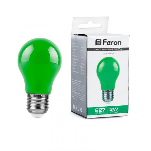Лампа светодиодная LB-375 3Вт A50 грушевидная матовая E27 230В зел. FERON 25922
