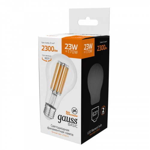 Лампа светодиодная филаментная Basic Filament А70 23Вт 2700К Е27 2300лм GAUSS 40712132 фото 5