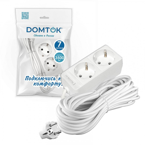Удлинитель 2х7м с заземл. 16А IP20 3.5кВт ПВС 3х1 бел. DOMTOK 2388 фото 2
