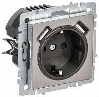 Розетка 1-м СП BRITE РЮш10-1-БрГН 16А IP20 с USB A+A 2.1А с заземл. защ. шторки механизм метал. хром/никель IEK BR-R14-16-U21-D21-M-K23