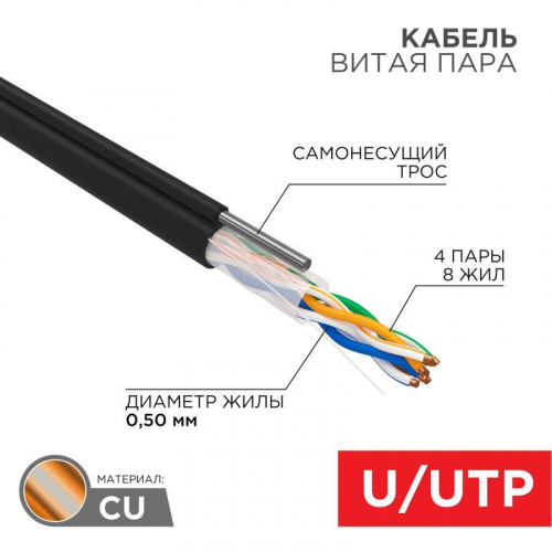 Кабель UTP 4PR 24AWG CAT5e 305м OUTDOOR + ТРОС*1 | 01-0046 | REXANT фото 3