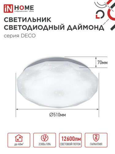 Светильник светодиодный DECO ДАЙМОНД 120Вт 6500К 12600лм 230В 496х85мм IN HOME 4690612062242 фото 2