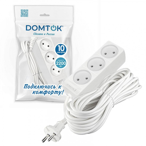 Удлинитель 3х10м без заземл. 10А IP20 2.2кВт ПВС 2х1 бел. DOMTOK 2350 фото 2