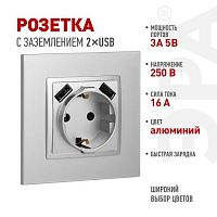 Розетка 16А 250В 2P+E с 2хUSB 5В-3А защ. шторки Elegance алюм. 14-4109-03 ЭРА Б0047869