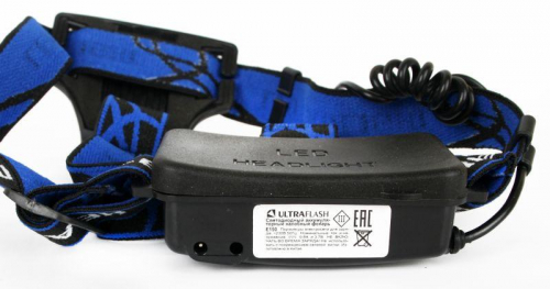 Фонарь аккумуляторный налобный E150 CREE 3Вт фокус 3 режима 220В пластик. черн. (бокс) Ultraflash 12188 фото 13