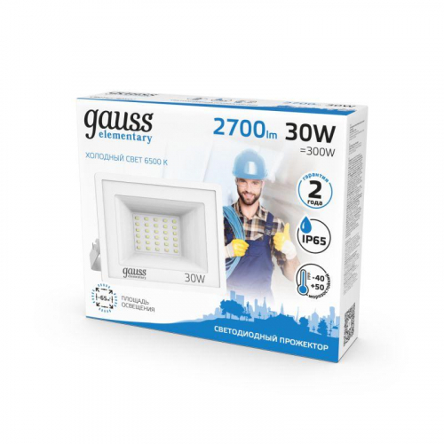 Прожектор светодиодный Elementary 30Вт 6500К IP65 2700лм 200-240В ДО бел. GAUSS 613120330 фото 2