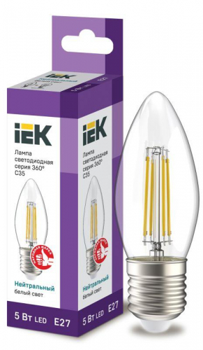 Лампа светодиодная филаментная 360° 5Вт C35 свеча 4000К E27 230В прозр. IEK LLF-C35-5-230-40-E27-CL