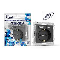Розетка 1-м СП Pixel IP20 с заземл. с 2-мя заряд. устр. USB тип A+C механизм карбон TOKOV ELECTRIC TKE-PX-R1U2AC-C14