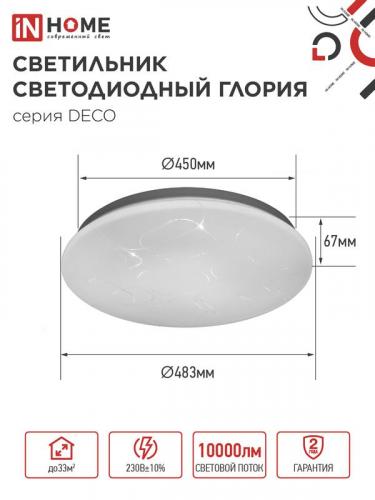 Светильник светодиодный DECO ГЛОРИЯ 95Вт 6500К 10000лм 230В 483х67мм IN HOME 4690612058627 фото 2