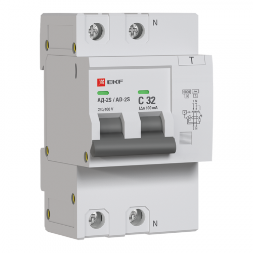 Выключатель автоматический дифференциального тока C 32А 100мА тип AC 6кА АД-2 S  (электрон.) защита 270В PROxima EKF DA2-6-32-100S-pro фото 2