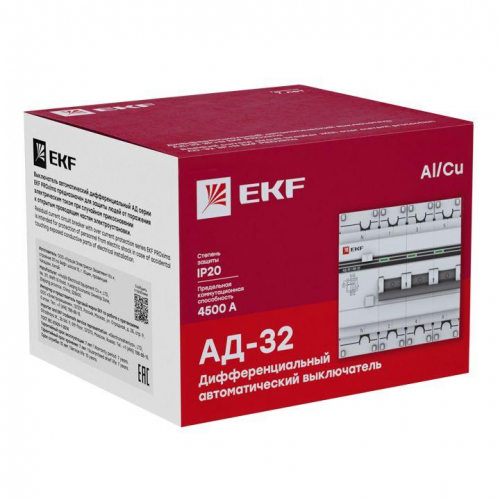 Выключатель автоматический дифференциального тока 3п+N C 63А 300мА тип AC 4.5kA АД-32 PROxima EKF DA32-63-300-4P-pro фото 2