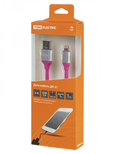 Дата-кабель, ДК 21, USB - Lightning, 1 м, силиконовая оплетка, розовый, TDM фото 4