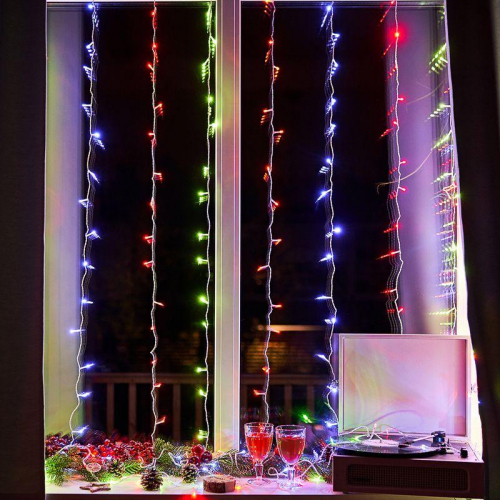 Гирлянда светодиодная "Светодиодный Дождь" 2.5х2м 300LED мультиколор 16Вт 230В IP20 свечение с динамикой провод прозр. Neon-Night 235-059 фото 5