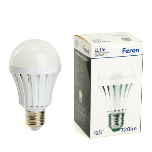 Светильник EL116 9Вт Е27 AC/DC аккумуляторный бел. FERON 48979