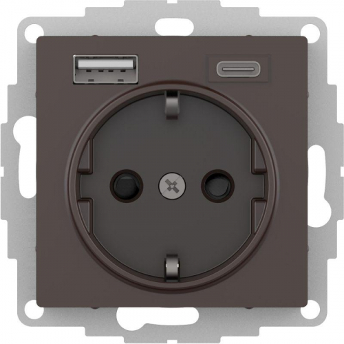 Розетка AtlasDesign 16А с 2-мя заряд. устройствами USB тип A+C 5В/2.4А 2х5В/1.2А механизм мокко SchE ATN000632