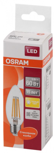 Лампа светодиодная филаментная LED STAR CLASSIC B 60 5W/827 5Вт свеча 2700К тепл. бел. E27 600лм 220-240В прозр. стекл. OSRAM 4058075212398 фото 2