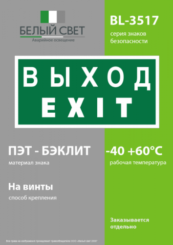 Знак безопасности BL-3517.E24 "Выход-EXIT" Белый свет a12901 фото 3