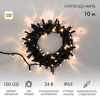Гирлянда светодиодная "Нить" 10м 100LED тепл. бел. 12Вт 24В IP65 эффект мерцания провод ПВХ черн. Neon-Night 305-246