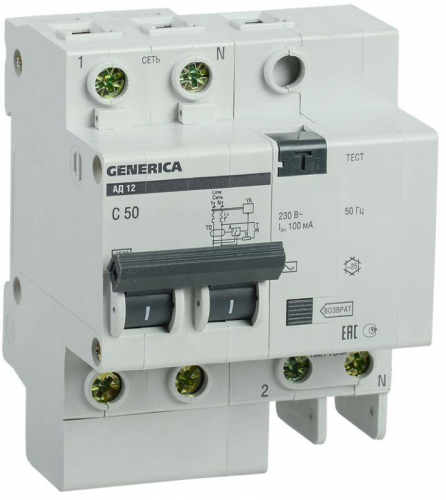 Выключатель автоматический дифференциального тока 2п 50А 100мА АД12 GENERICA IEK MAD15-2-050-C-100