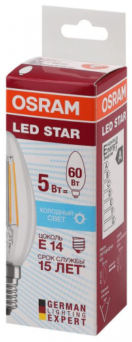 Лампа светодиодная филаментная LED STAR CLASSIC B 60 5W/840 5Вт свеча 4000К нейтр. бел. E14 660лм 220-240В прозр. стекл. OSRAM 4058075116702 фото 2