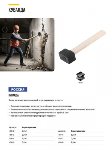Кувалда литая в сборе. деревянная ручка 6кг Стандарт FIT 45046 фото 11