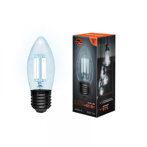 Лампа светодиодная филаментная 7.5Вт CN35 свеча прозрачная 4000К нейтр. бел. E27 600лм диммир. Rexant 604-090 фото 2